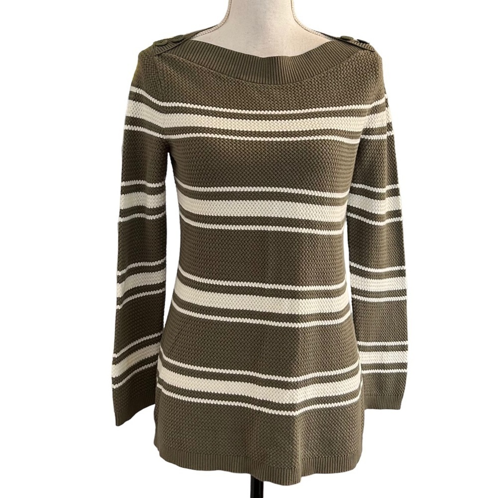 Talbots BASKET WEAVE SWEATER Women’s SZ Medium Olive &‎ White Striped Knit